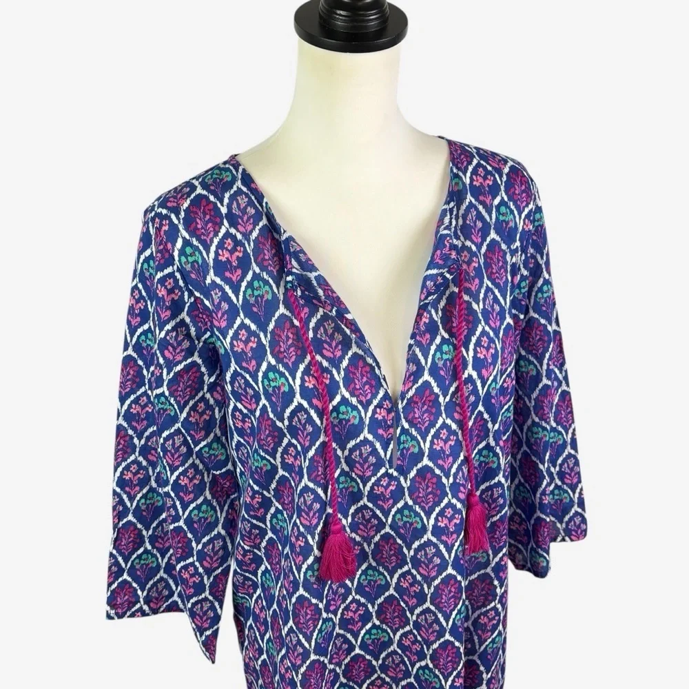 J Crew Swim Cover Up Tunic Size S Cotton Lightweight 3/4 Sleeve Blue Floral - Picture 2 of 12